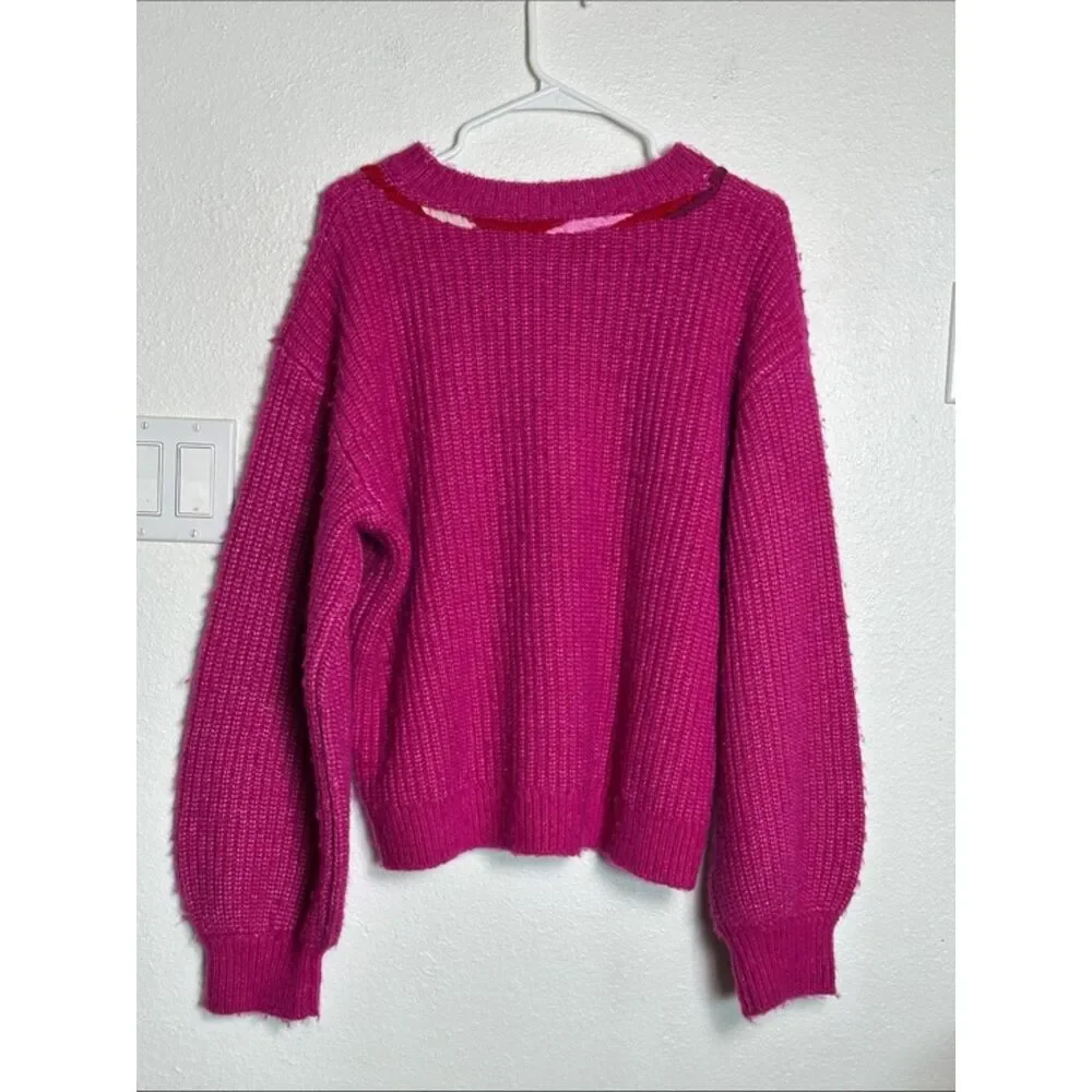 Kate Spade New York Magenta Wool Knit Bow Sweater Womens XL Puff Sleeve Pink